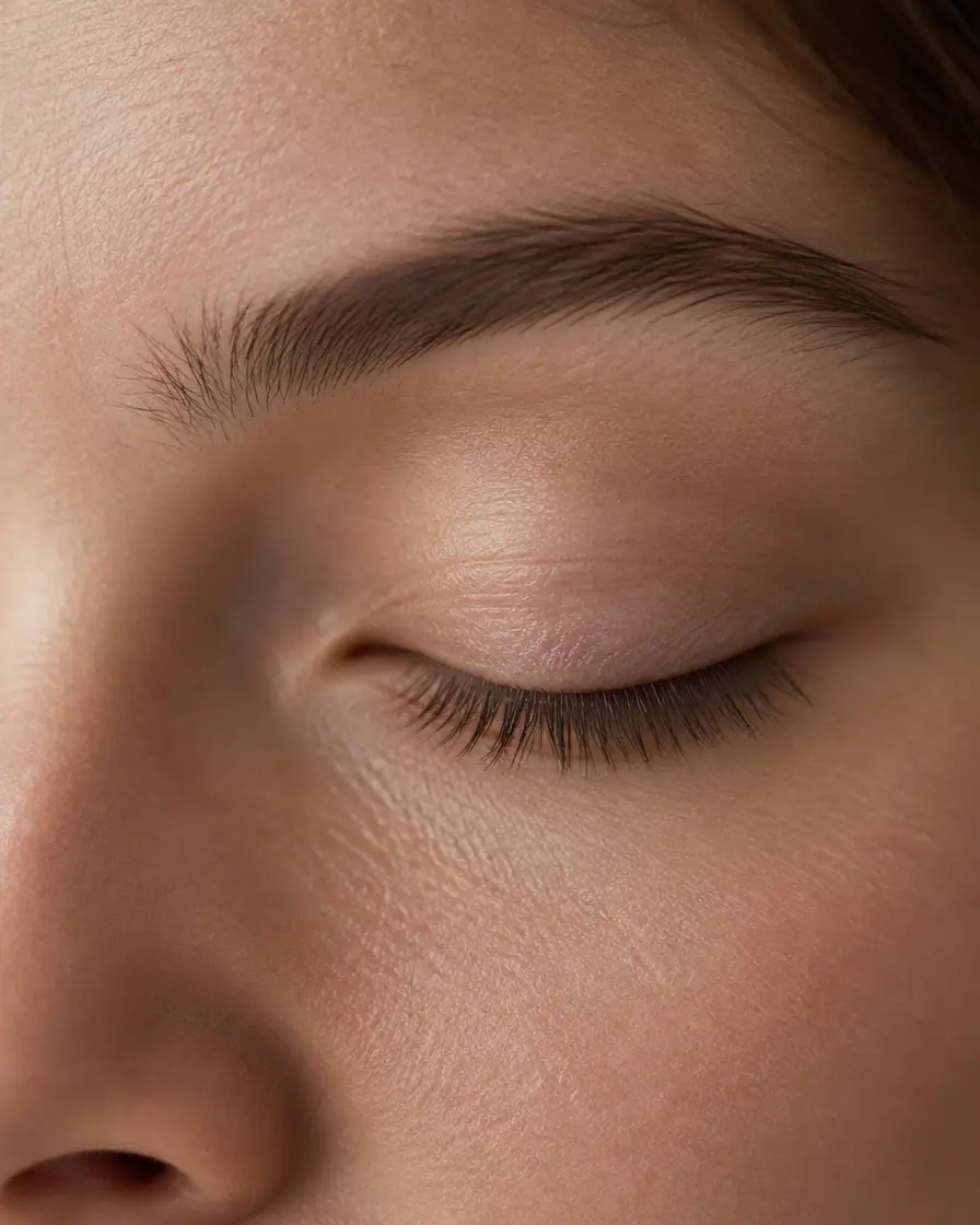 Close-up of a closed eye and natural upper lash line in soft daylight